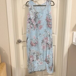 Angela Mara 100% linen Floral Sleeveless Blue Dress with pockets cabbage rose